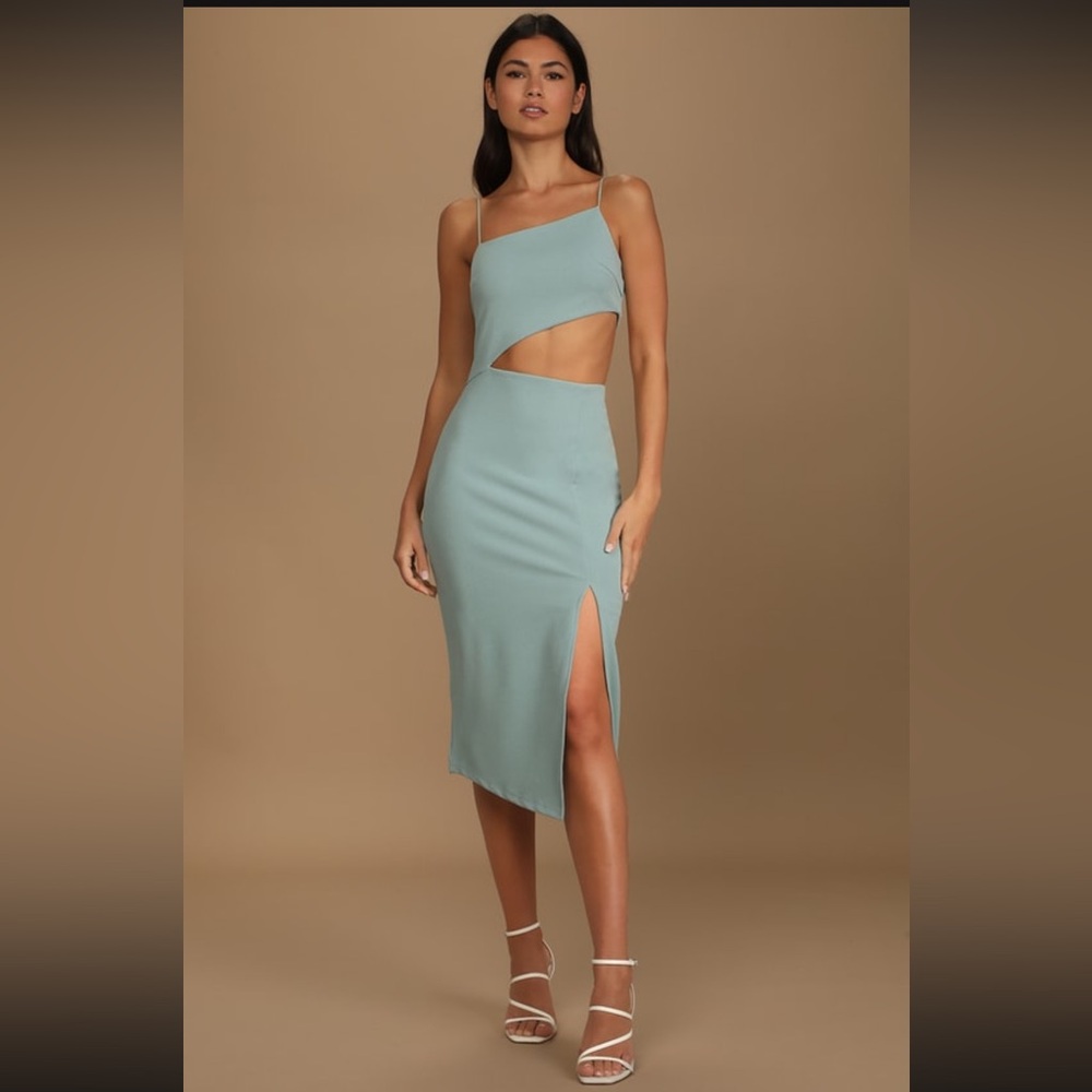 Lulu’s Flawless Attitude Sage Blue Asymmetrical Cutout Midi Dress
